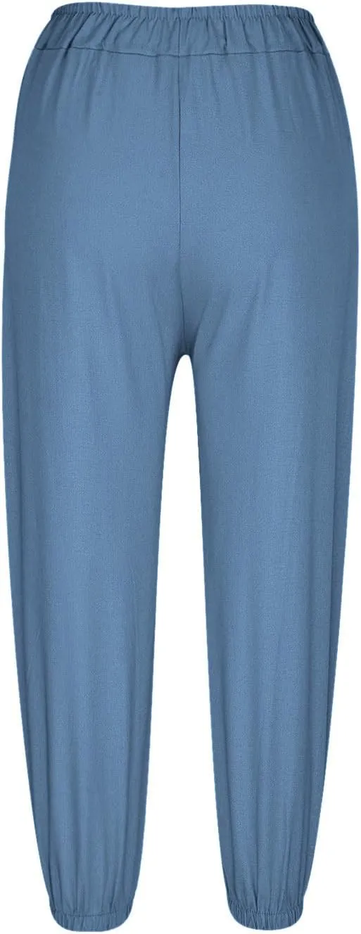 Women's Summer Casual Linen Blend Capri Pants - Solid Breathable Elastic Waist Pocket Trousers with Button Detail