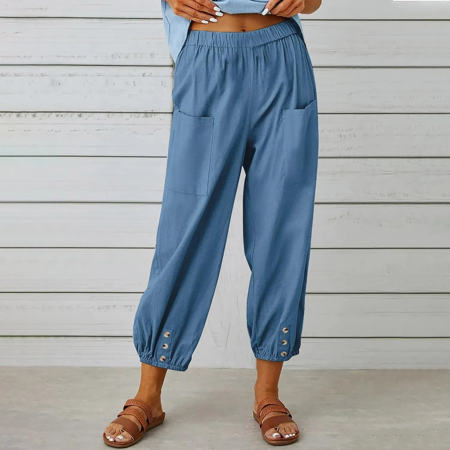 Women's Summer Casual Linen Blend Capri Pants - Solid Breathable Elastic Waist Pocket Trousers with Button Detail