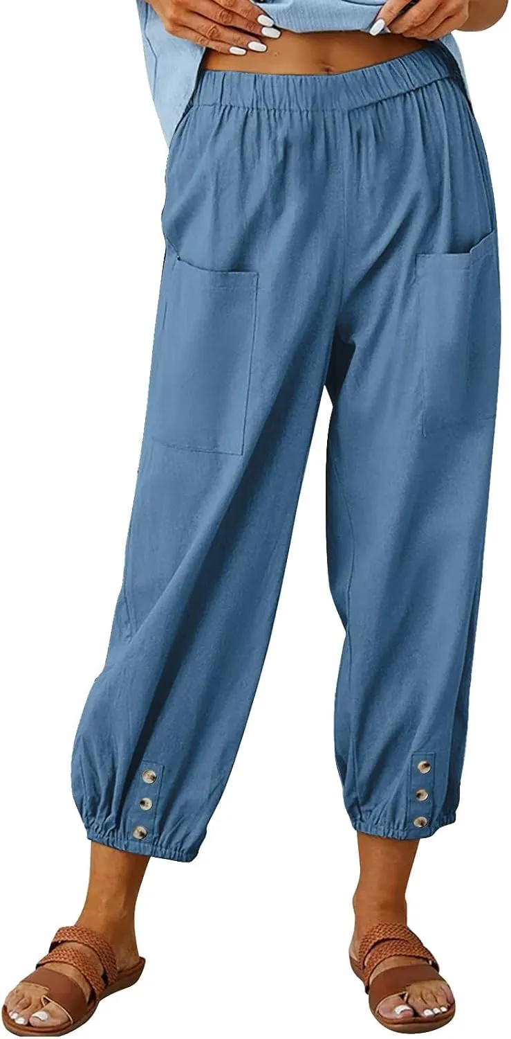 Women's Summer Casual Linen Blend Capri Pants - Solid Breathable Elastic Waist Pocket Trousers with Button Detail