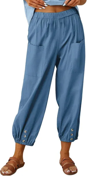 Women's Summer Casual Linen Blend Capri Pants - Solid Breathable Elastic Waist Pocket Trousers with Button Detail