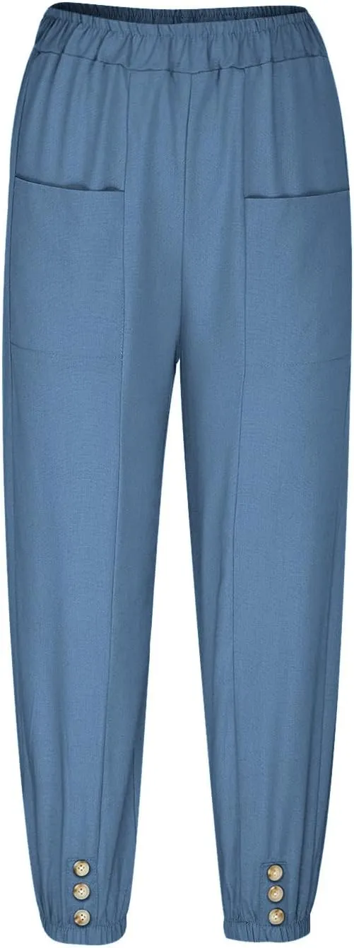 Women's Summer Casual Linen Blend Capri Pants - Solid Breathable Elastic Waist Pocket Trousers with Button Detail
