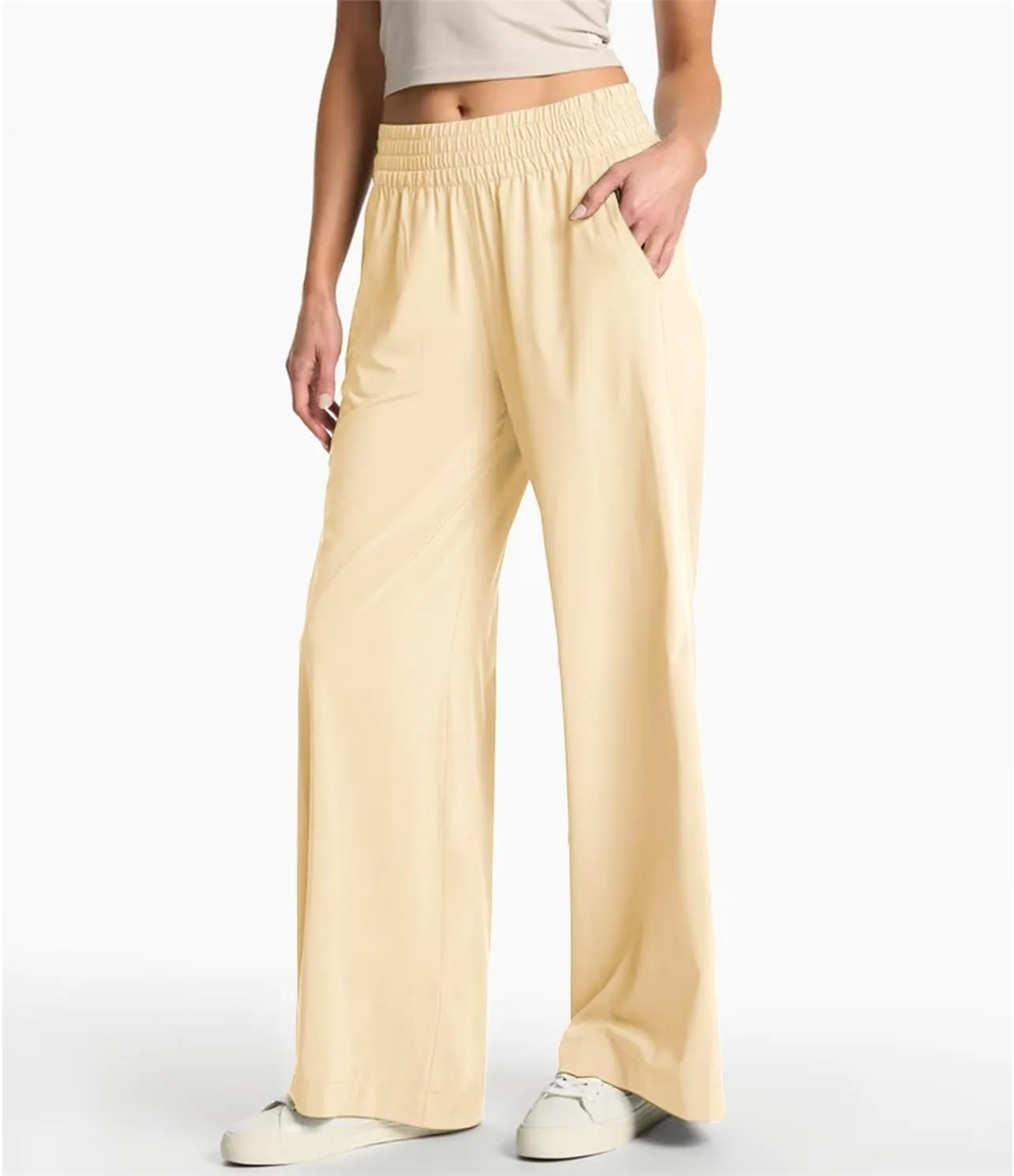 Womens Wide Leg Pants Summer Flowy Palazzo Casual High Waist Elastic Pants Beach Vacation Trousers with Pockets