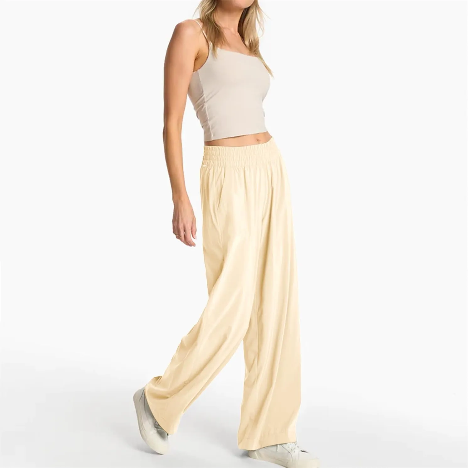 Womens Wide Leg Pants Summer Flowy Palazzo Casual High Waist Elastic Pants Beach Vacation Trousers with Pockets