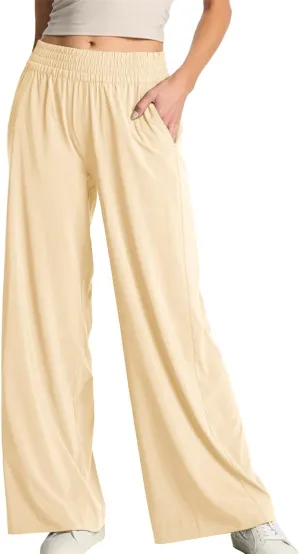 Womens Wide Leg Pants Summer Flowy Palazzo Casual High Waist Elastic Pants Beach Vacation Trousers with Pockets