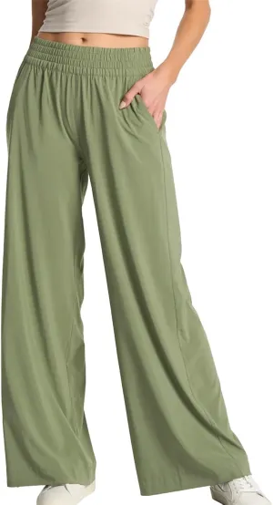 Womens Wide Leg Pants Summer Flowy Palazzo Casual High Waist Elastic Pants Beach Vacation Trousers with Pockets