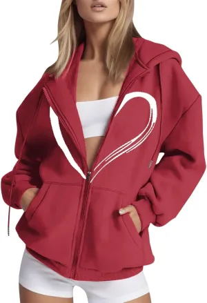 Womens Zip up Graphic Hoodies Heart Print Hooded Sweatshirts Jackets Oversized Sweaters Fall Plus Size Outfits