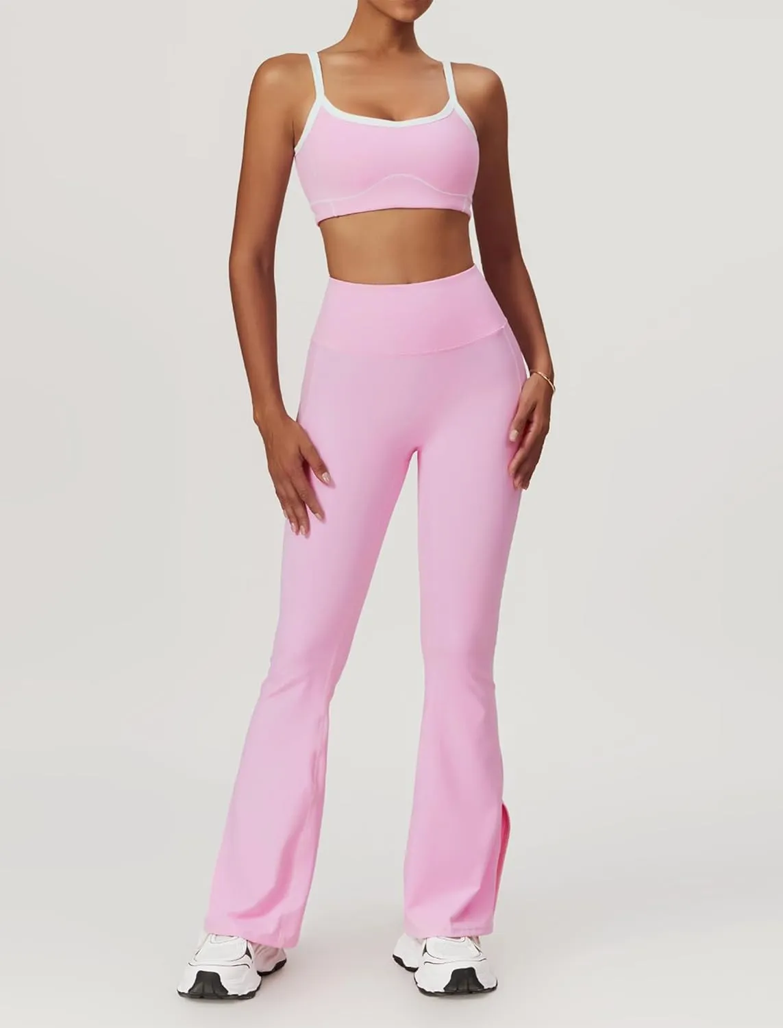 Yoga sets for women 2 piece Fashion contrasting lines Sports Bra and High Wasit Split hem Flared Leggings
