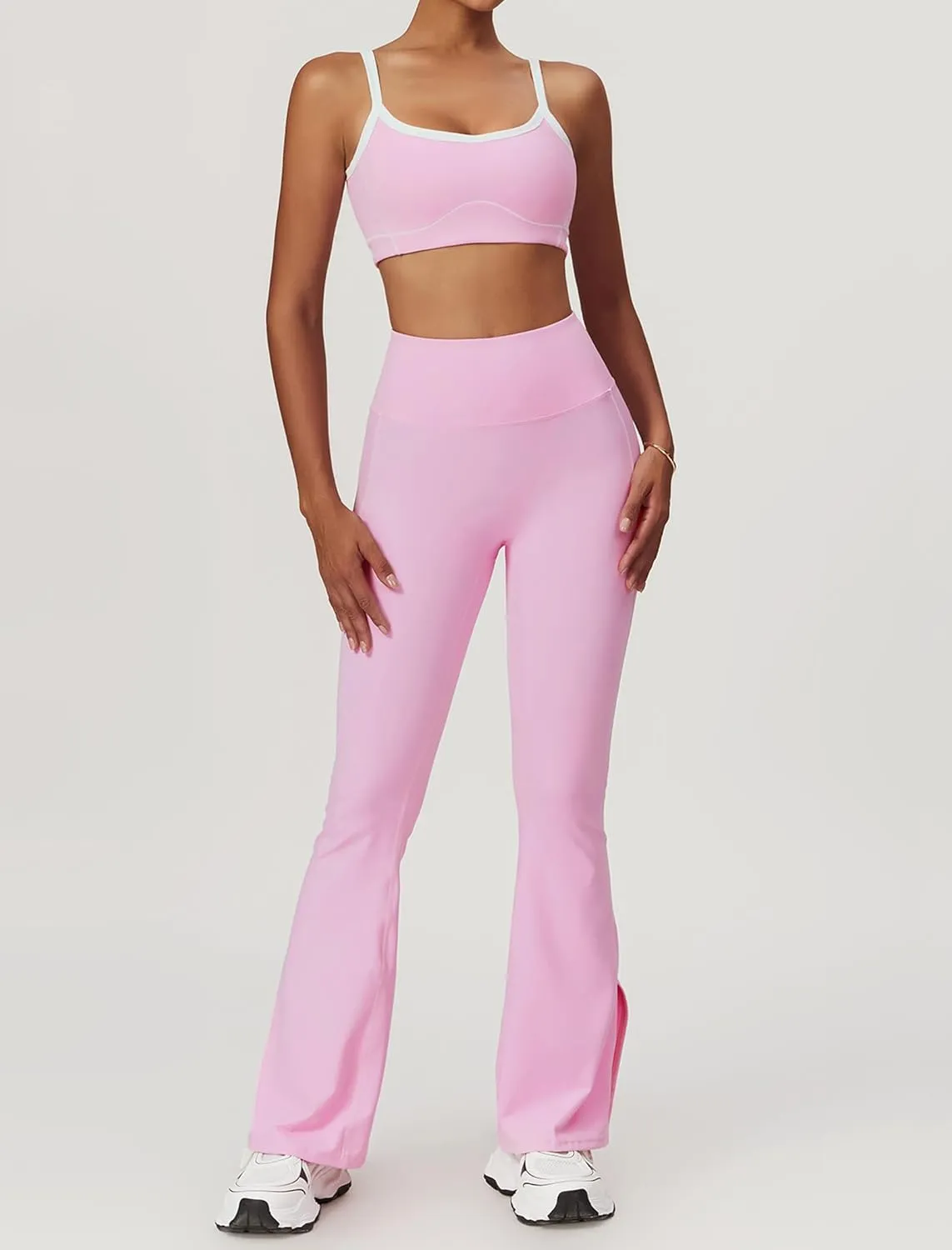 Yoga sets for women 2 piece Fashion contrasting lines Sports Bra and High Wasit Split hem Flared Leggings