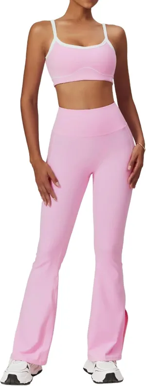Yoga sets for women 2 piece Fashion contrasting lines Sports Bra and High Wasit Split hem Flared Leggings