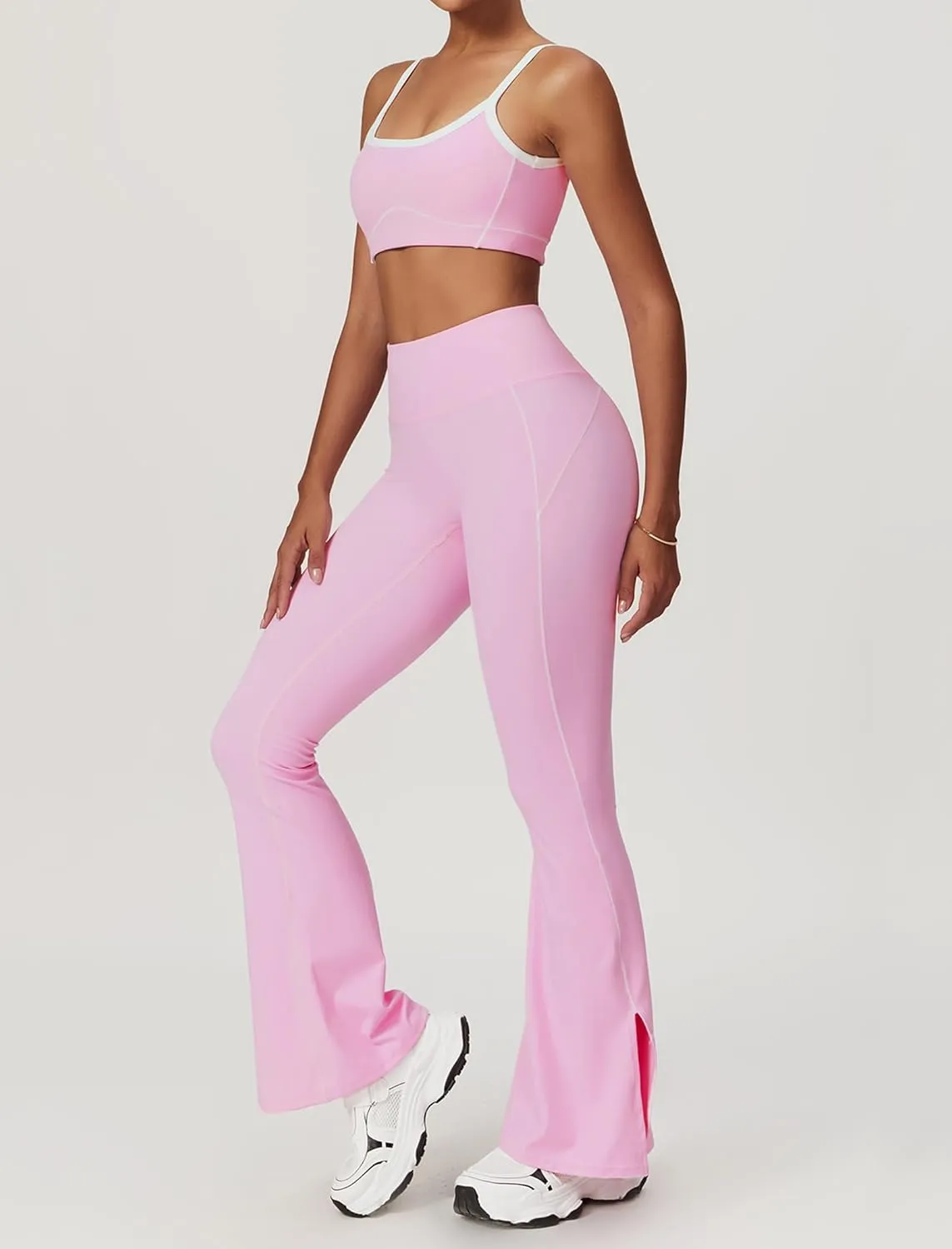 Yoga sets for women 2 piece Fashion contrasting lines Sports Bra and High Wasit Split hem Flared Leggings