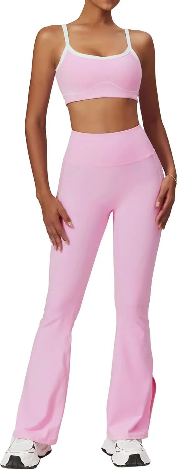 Yoga sets for women 2 piece Fashion contrasting lines Sports Bra and High Wasit Split hem Flared Leggings
