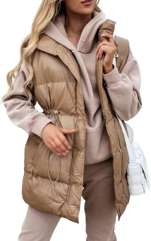 Yuemengxuan Women Long Cotton Vest Hooded Sleeveless Zipper Down Jacket Coat Winter Warm Padded Waistcoat with Pockets