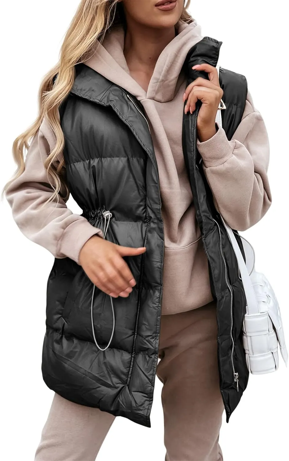Yuemengxuan Women Long Cotton Vest Hooded Sleeveless Zipper Down Jacket Coat Winter Warm Padded Waistcoat with Pockets