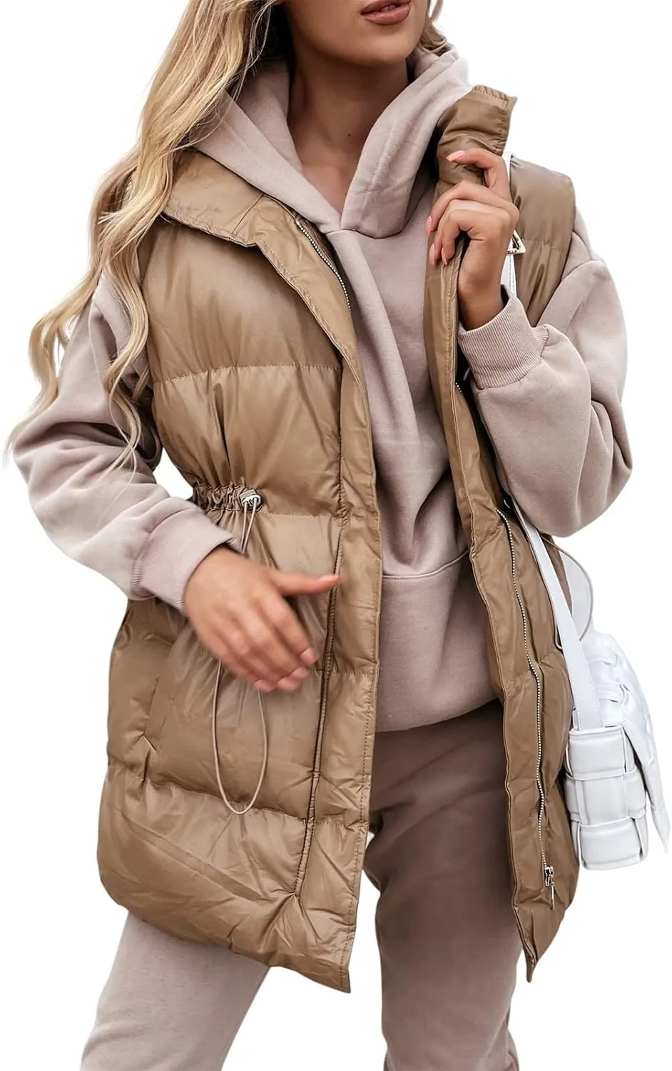 Yuemengxuan Women Long Cotton Vest Hooded Sleeveless Zipper Down Jacket Coat Winter Warm Padded Waistcoat with Pockets