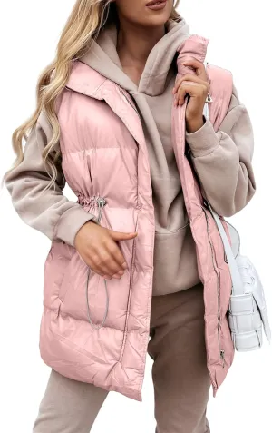 Yuemengxuan Women Long Cotton Vest Hooded Sleeveless Zipper Down Jacket Coat Winter Warm Padded Waistcoat with Pockets