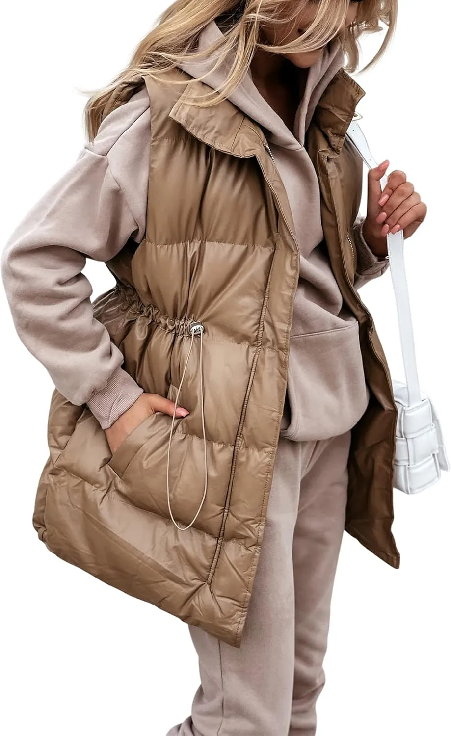 Yuemengxuan Women Long Cotton Vest Hooded Sleeveless Zipper Down Jacket Coat Winter Warm Padded Waistcoat with Pockets