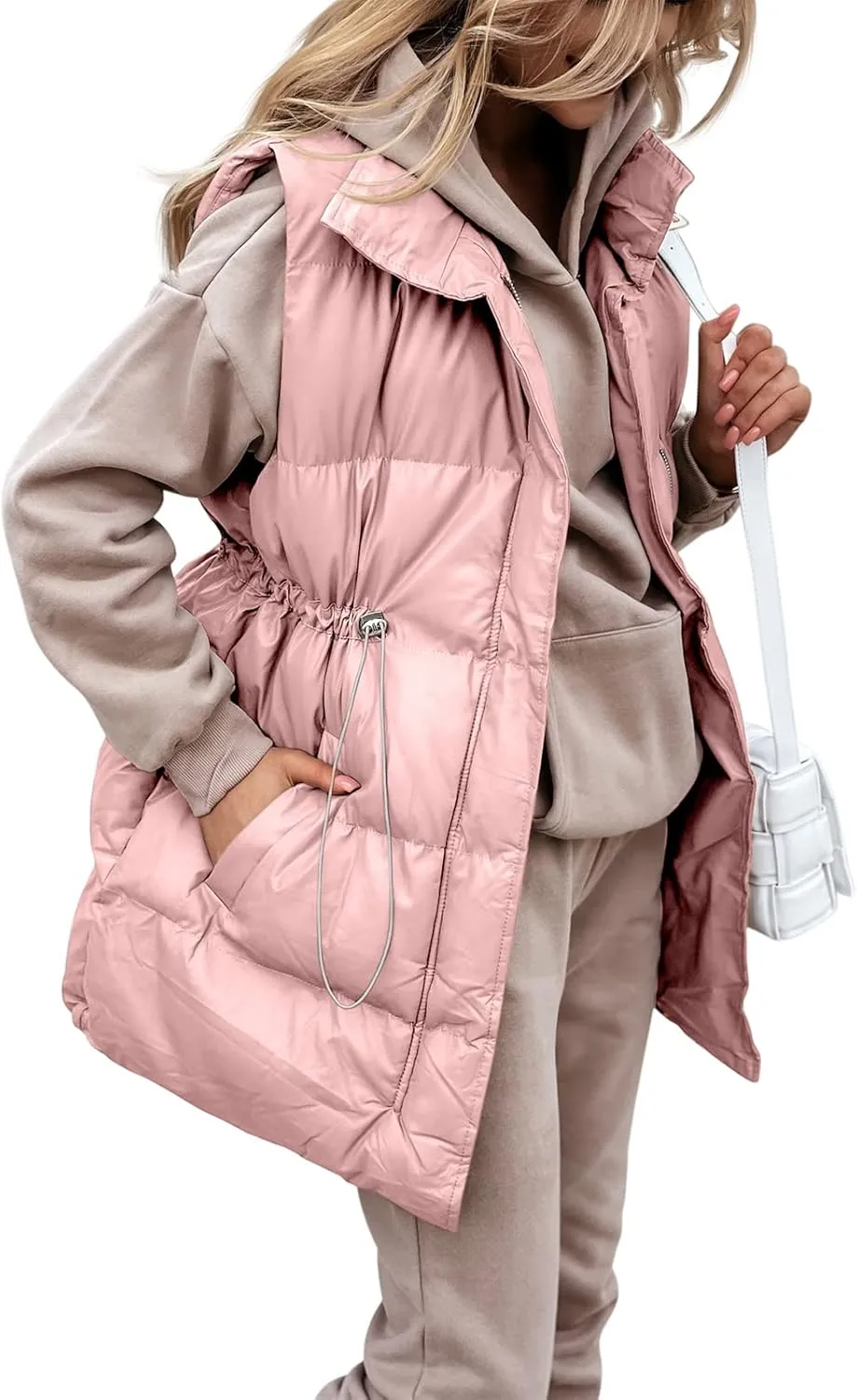 Yuemengxuan Women Long Cotton Vest Hooded Sleeveless Zipper Down Jacket Coat Winter Warm Padded Waistcoat with Pockets