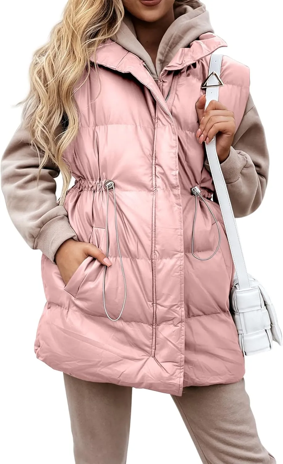 Yuemengxuan Women Long Cotton Vest Hooded Sleeveless Zipper Down Jacket Coat Winter Warm Padded Waistcoat with Pockets