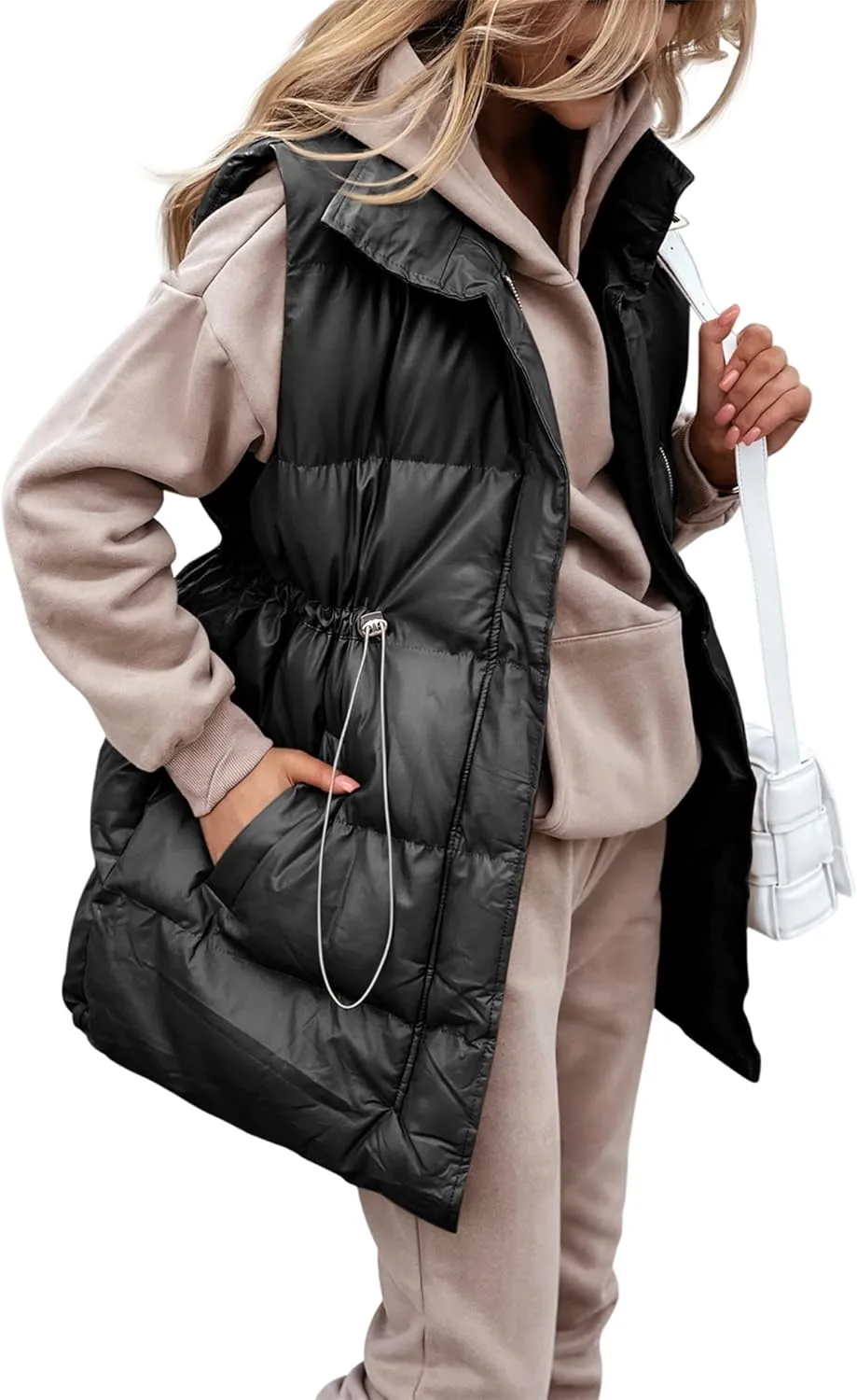 Yuemengxuan Women Long Cotton Vest Hooded Sleeveless Zipper Down Jacket Coat Winter Warm Padded Waistcoat with Pockets